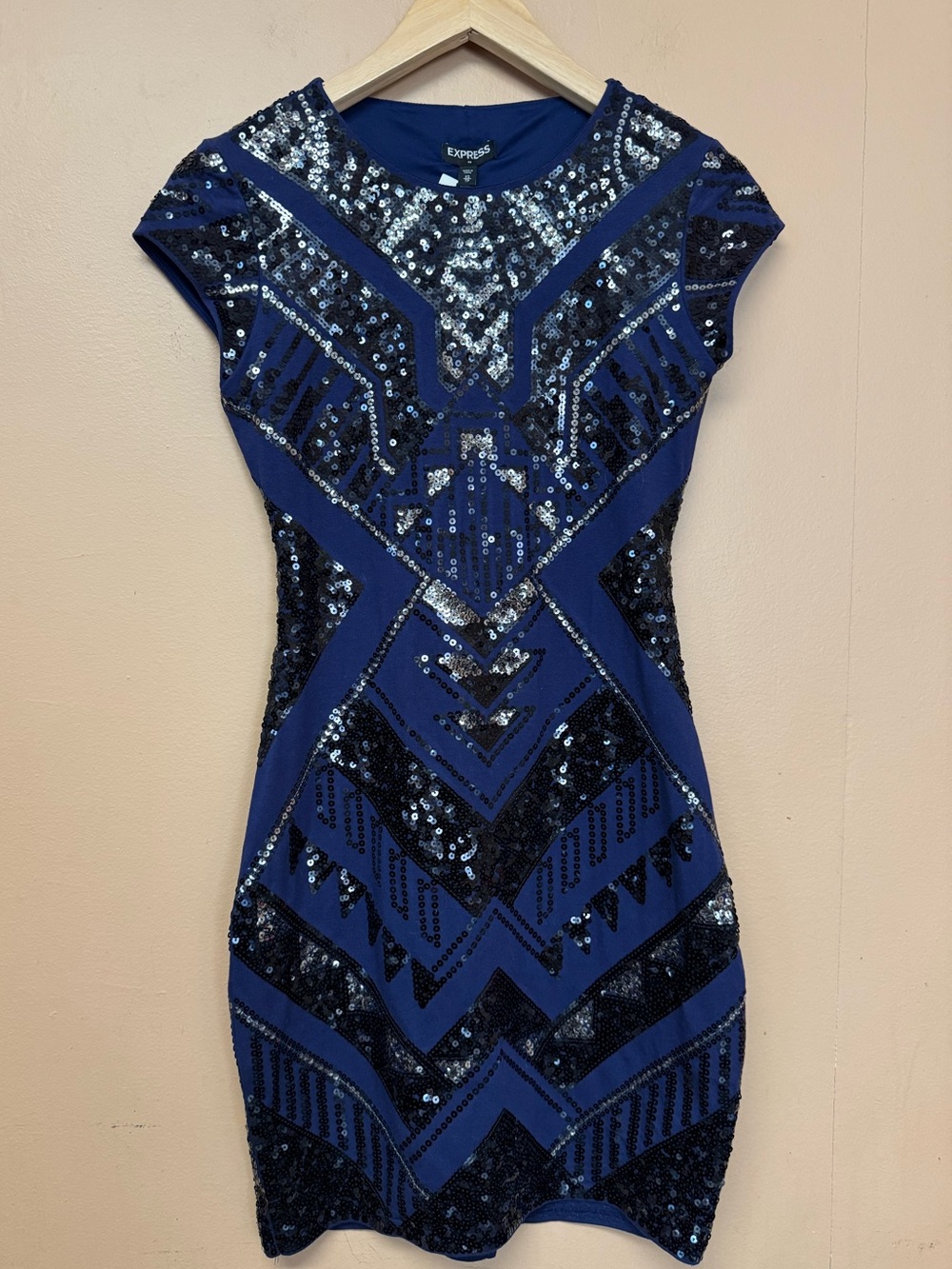 Express Blue Sequin Bodycon Mini Dress XS Art Deco Glam Party Cocktail